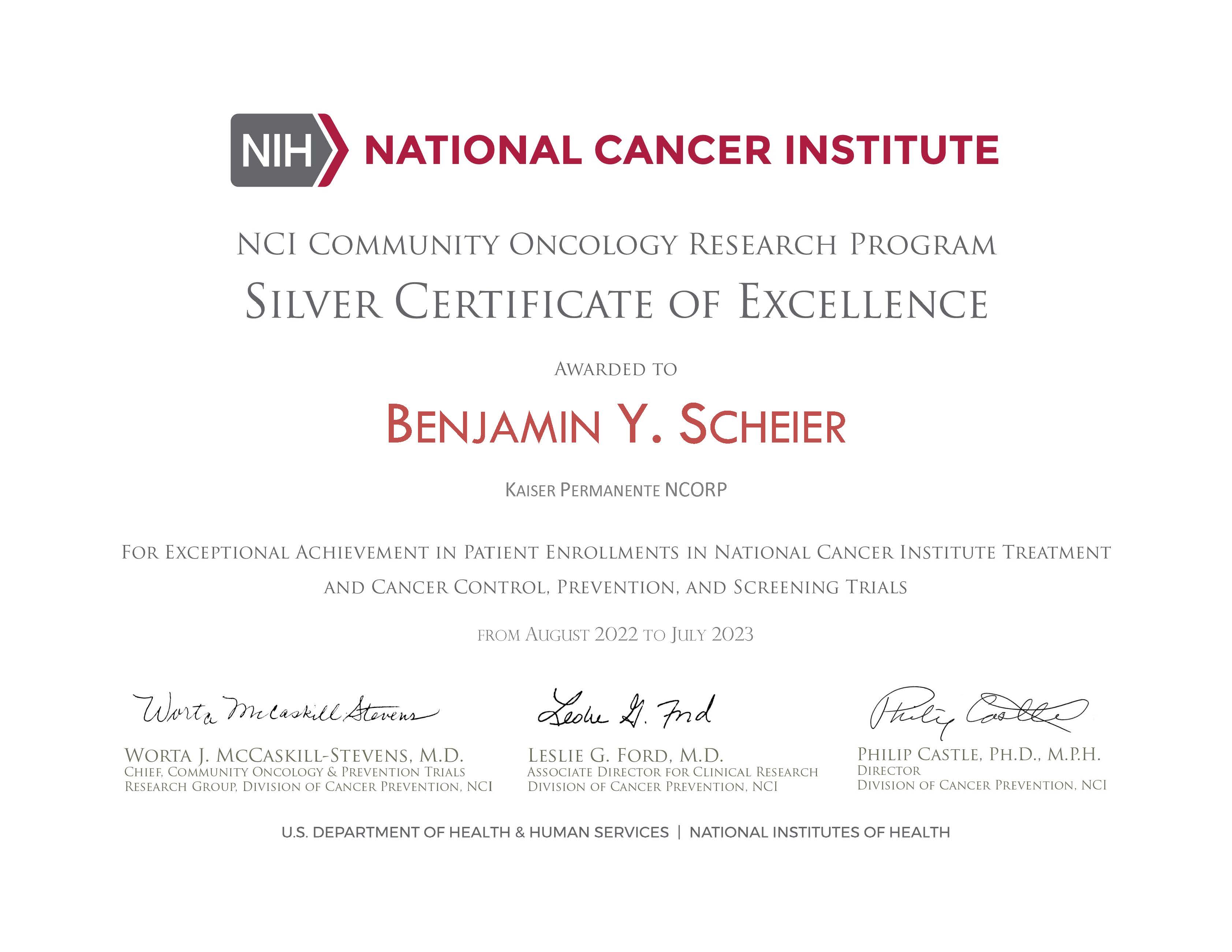 Image of Dr. Scheier's Silver Certificate of Excellence for their exceptional achievement in clinical trial participation.